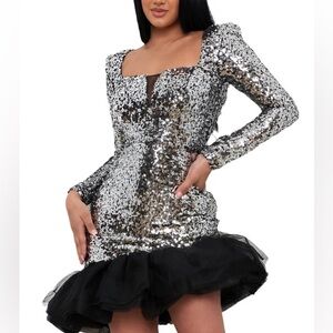 Sequence Mesh Ruffle Silver Black Dress